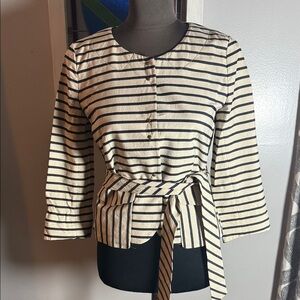 J Crew Nautical Cotton Blend Cream & Navy Striped Belted Jacket Blazer SZ 2